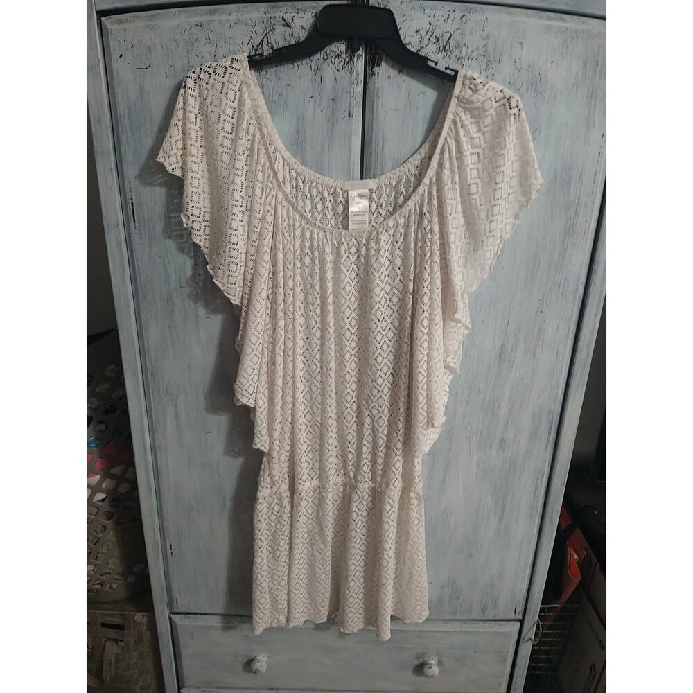 Jessica Simpson Sheer Flutter Sleeve Tunic Mini Dress Lrg White Boho Cottagecore